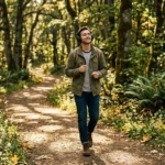 Man walking on a forest trail in autumn